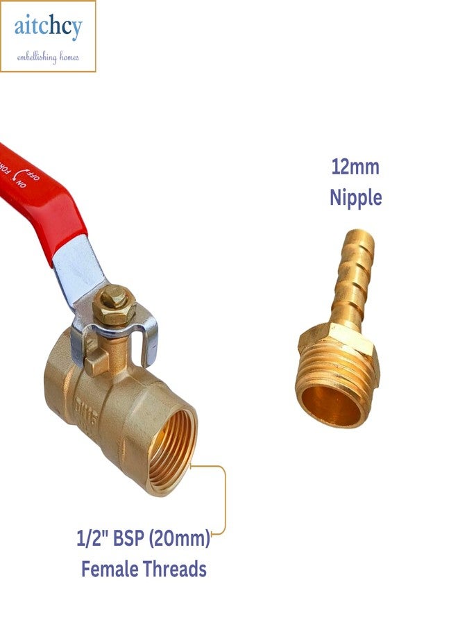 aitchcy Full Brass Shut Off Valve with 12mm Hose Nipple & Clamps | 1/2" Ball Valve for Biogas, Industrial, Plumbing, Irrigation, DIY Projects, Compressor | Forged Brass On Off Valve1/2" - Image 3